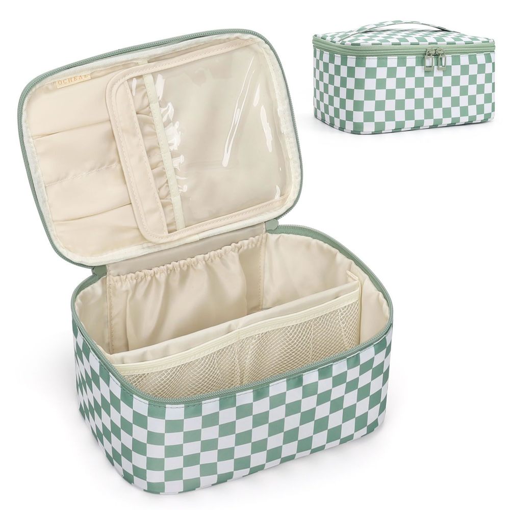 Makeup Bag For Women - Travel Cosmetic Organizer With Brush Slot & Divider,😹